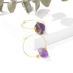Natural Stone Amethyst Gold Hoop Earrings